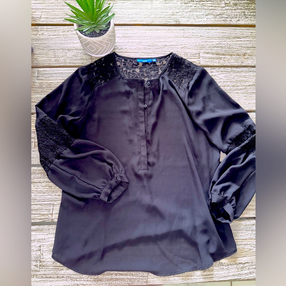 Women’s APT 9 Chiffon and Lace Black Flowy Lingerie Sleeved Blouse, Sz MEDIUM